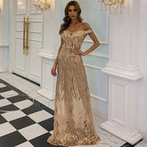 Golden Evening Dress for Fishtail off Shoulder Sequ Dress Annual Meeting Dress
